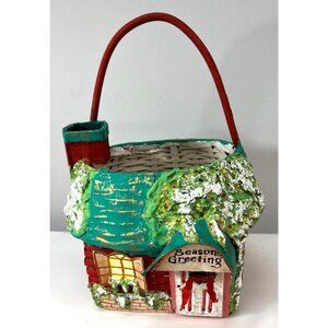 Hand-Painted Holiday Basket Cottage Design Wicker & Wood, Plaster Of Paris